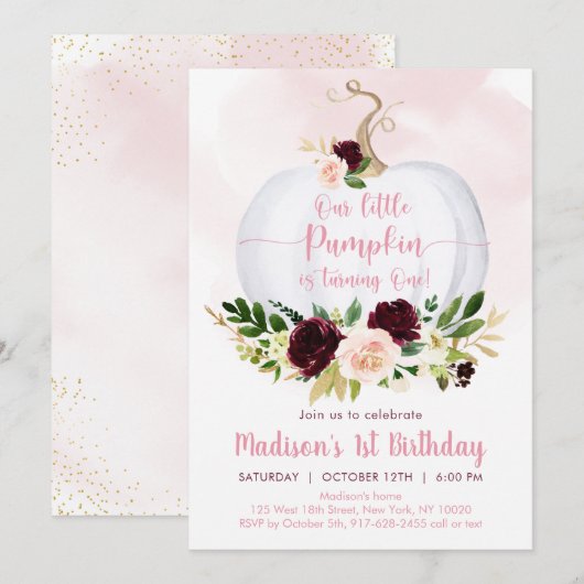 Invitation Automne Citrouille rose Bourgogne Or premier anniv (Devant / Derrière)