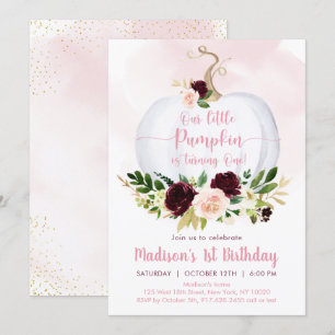 Invitation Automne Citrouille rose Bourgogne Or premier anniv
