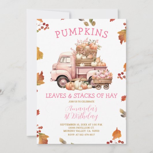 Invitation Automne Citrouille rose Camion fille 1er anniversa (Devant)