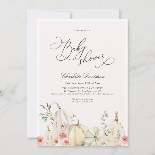 Invitation Automne Citrouille rose douce fille Baby shower (Devant)