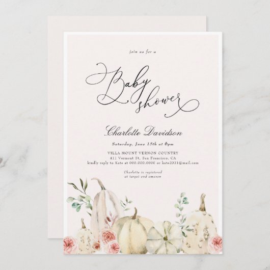 Invitation Automne Citrouille rose douce fille Baby shower (Devant / Derrière)