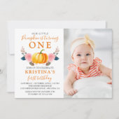 Invitation Automne Citrouille rose Floral 1er Anniversaire Ph (Devant)