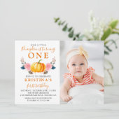 Invitation Automne Citrouille rose Floral 1er Anniversaire Ph (Debout devant)