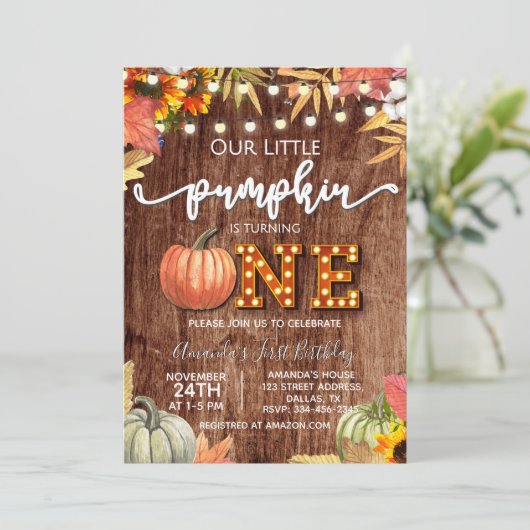 Invitation Automne Citrouille Rustique Premier anniversaire I (Debout devant)