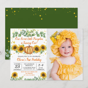Invitation Automne Citrouille Vert Fleurs de soleil Anniversa