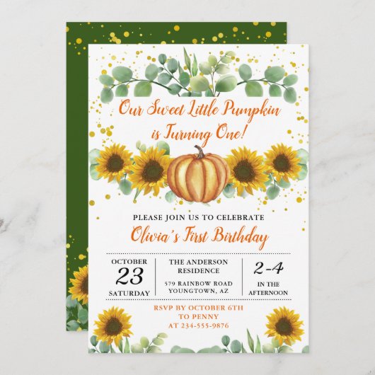 Invitation Automne Citrouille Vert Fleurs de soleil Automne A (Devant / Derrière)