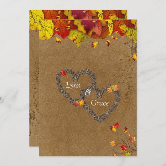 Invitation Automne Couleur Automne Feuille Coeurs de brindill (Devant / Derrière)