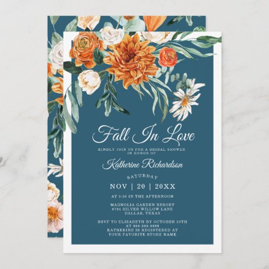 Invitation Automne dans l'amour Rustique Turquoise Bleu Fête  (Devant / Derrière)