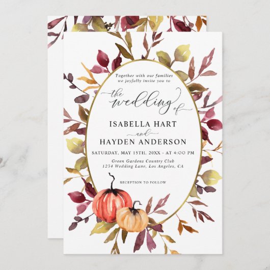 Invitation Automne Elegant Foliage Citrouille Gold Foil Maria (Devant / Derrière)