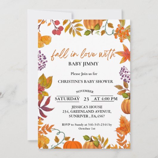 Invitation automne en amour feuilles automne citrouille baby  (Devant)