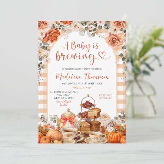 Invitation Automne En vichy Citrouille Baby shower Tea Party (Debout devant)