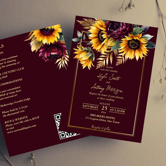 Invitation Automne été mariage bordeaux tournesols tout en un