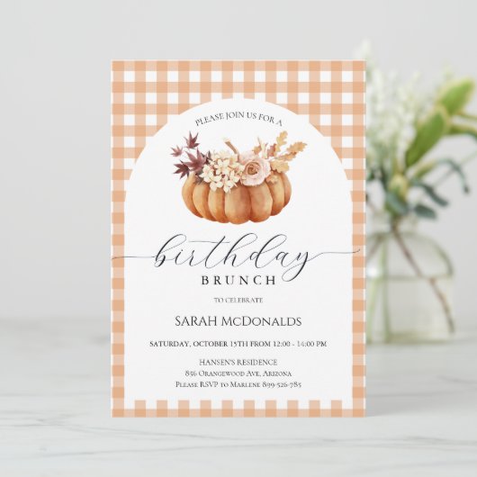Invitation Automne Femme Citrouille Anniversaire Brunch Plaid (Debout devant)