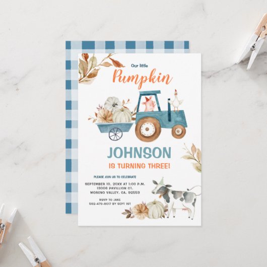 Invitation Automne Ferme Notre Petit Citrouille Anniversaire (Devant/Arrière en situation)