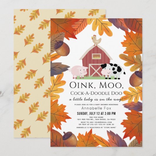 Invitation Automne Feuilles Animaux de ferme Baby shower Barn (Devant / Derrière)
