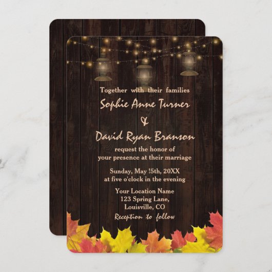 Invitation Automne Feuilles Bois Vieux Lanternes Mariage Invi (Devant / Derrière)