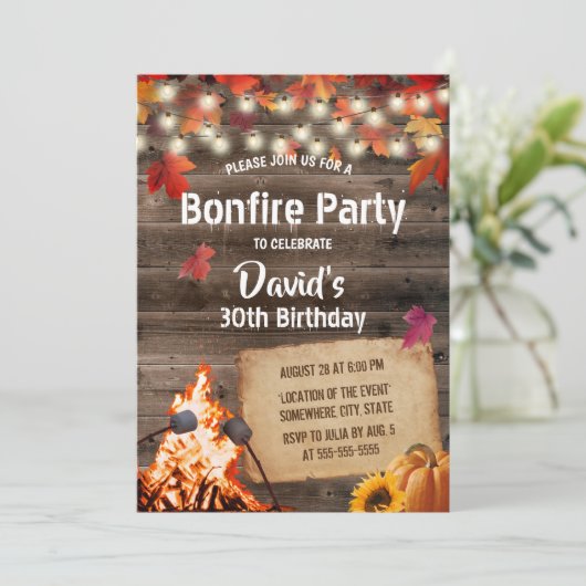 Invitation Automne Feuilles Bonfire Party Rustic Grange Anniv (Debout devant)