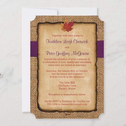 Invitation Automne Feuilles FAUX Burlap, Invite de mariage -  (Dos)