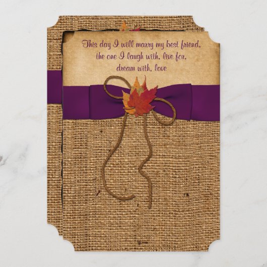 Invitation Automne Feuilles FAUX Burlap, Invite de mariage - (Devant / Derrière)