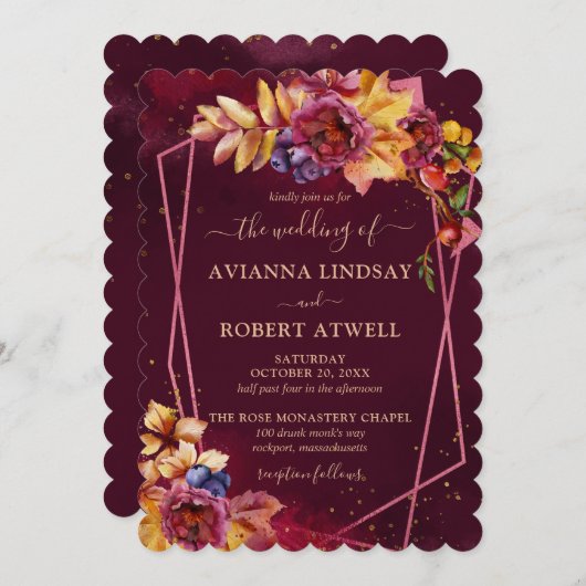 Invitation Automne Feuilles Fleurs et Berries Mariage Bourgog (Devant / Derrière)