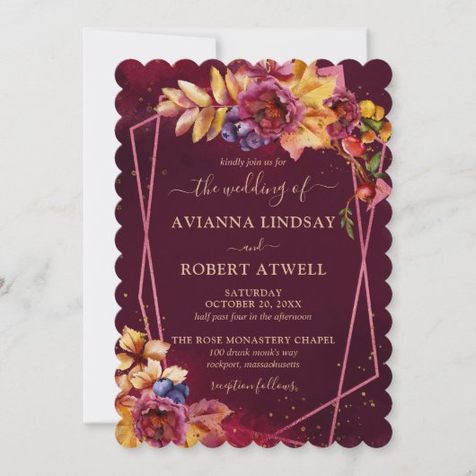Invitation Automne Feuilles Fleurs et Berries Mariage Bourgog (Devant)
