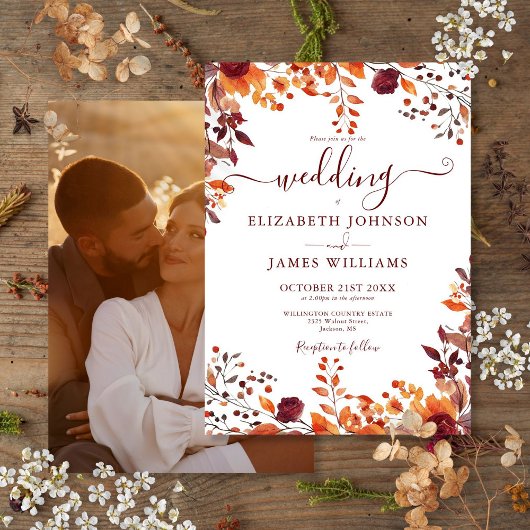 Invitation Automne Feuilles Florales Photo Mariage