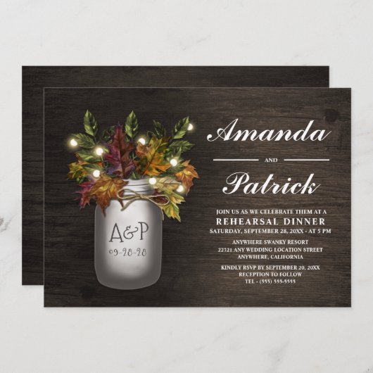 Invitation Automne Feuilles Mason Jar Répétition Dîner Invita (Devant / Derrière)