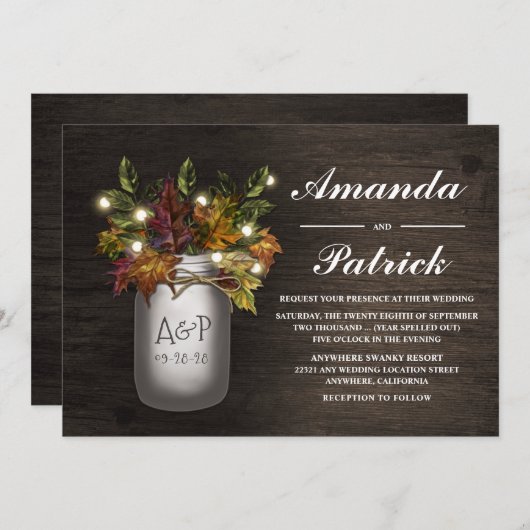 Invitation Automne Feuilles Mason Jar Rustique Mariage Invita (Devant / Derrière)