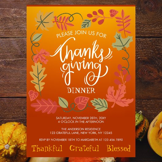 Invitation Automne Feuilles Typographie Thanksgiving Dîner