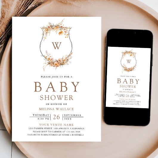 Invitation Automne Fleur sauvage Crest Crest QR Code Baby sho