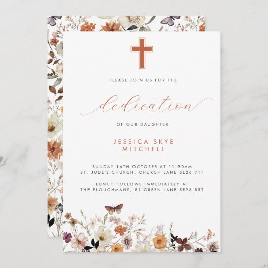 Invitation Automne Fleur sauvage Cross & Script Baby Dedicati (Devant / Derrière)