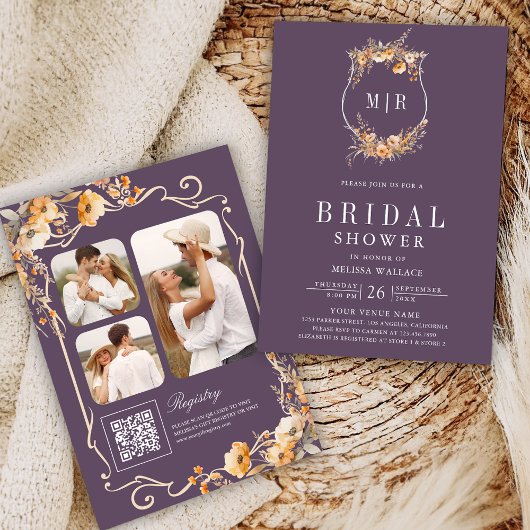 Invitation Automne Fleur sauvage QR Code Dusty Purple Fête de