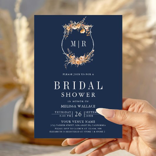 Invitation Automne Fleur sauvage QR Code Marine Bleu Fête des