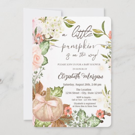 Invitation Automne Fleurs Citrouilles Baby shower Feuille (Devant)