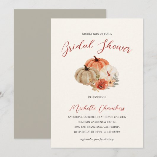 Invitation Automne Fleurs Citrouilles Élégante Fête des marié (Devant / Derrière)