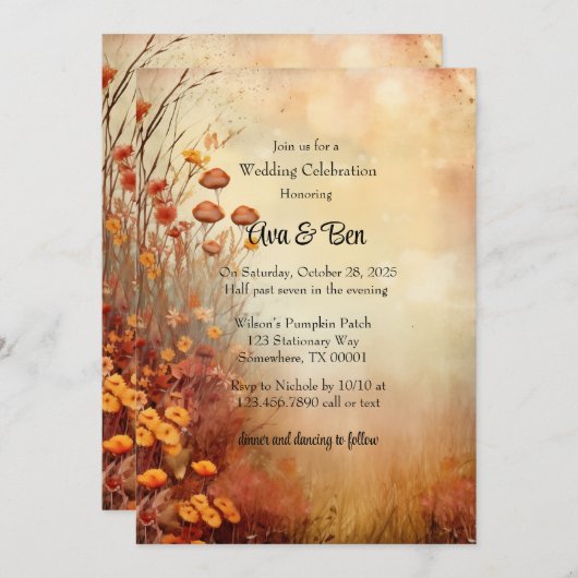 Invitation Automne Fleurs orange Fête Mariage rustique (Devant / Derrière)