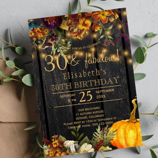 Invitation Automne fleurs rouillées rustique chic 30 ans fabu
