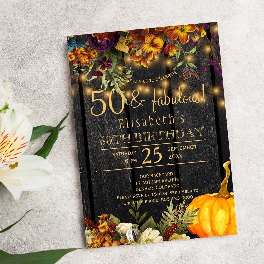 Invitation Automne fleurs rouillées rustique chic 50 ans fabu