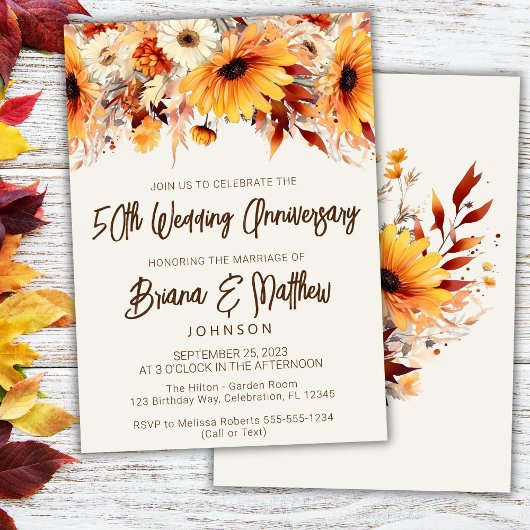 Invitation Automne Floral Beige 50e anniversaire Mariage