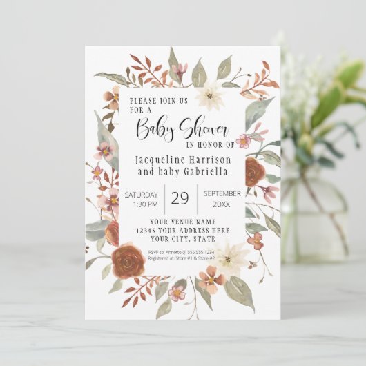 Invitation Automne Floral BOHO Script Girl Baby shower photo (Debout devant)