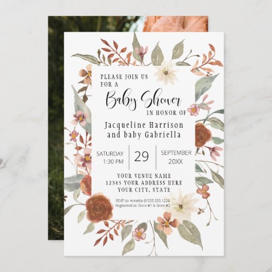 Invitation Automne Floral BOHO Script Girl Baby shower photo (Devant / Derrière)