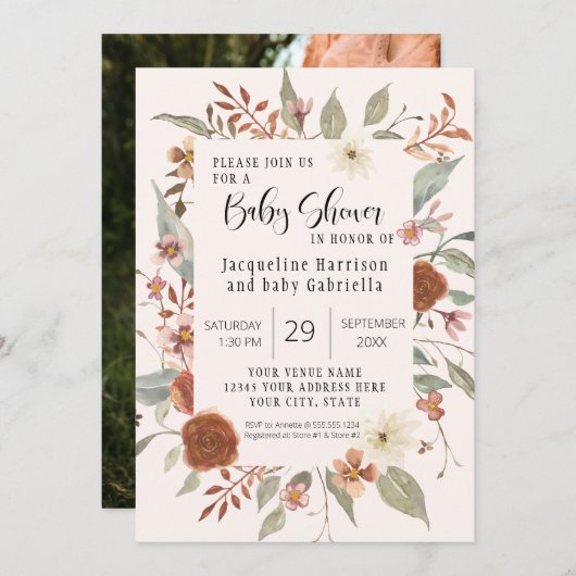 Invitation Automne Floral BOHO Script Girl Baby shower photo (Devant / Derrière)