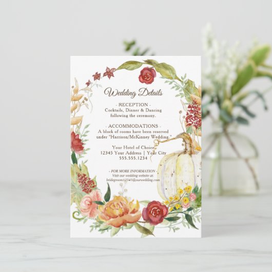 Invitation Automne Floral Bourgogne blanc Citrouille Détails (Debout devant)