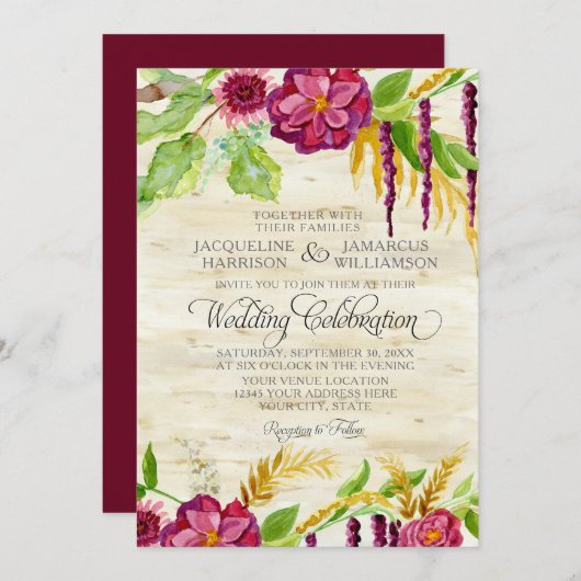 Invitation Automne floral Bourgogne d'aquarelle de rose de (Devant / Derrière)