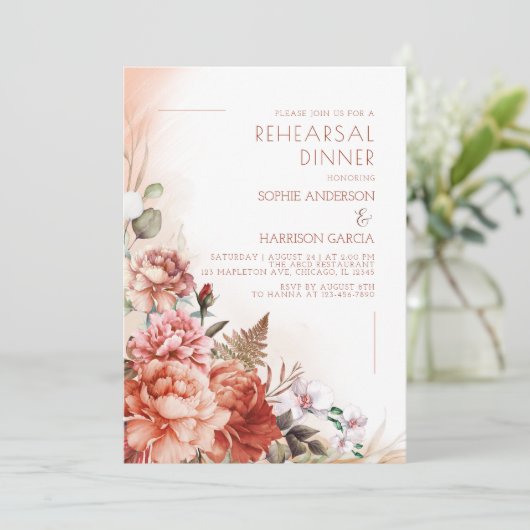 Invitation Automne Floral Brûlé Orange Dîner de répétition (Debout devant)