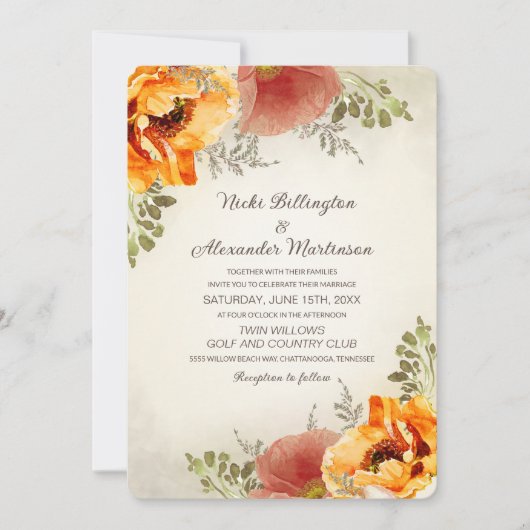 Invitation Automne Floral Brûlé Orange Rustique Mariage (Devant)
