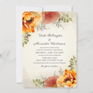 Invitation Automne Floral Brûlé Orange Rustique Mariage