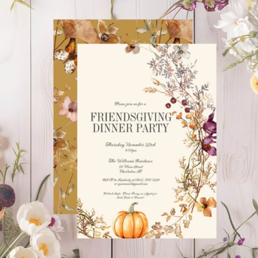 Invitation Automne Floral Citrouille Friendsgiving Diner Part