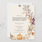 Invitation Automne Floral Citrouille Thanksgiving Dîner fête (Devant)