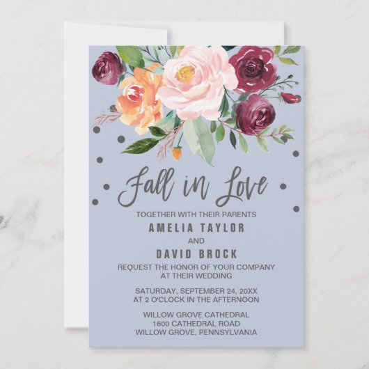 Invitation Automne Floral Dusty Bleu Chute En Amour Mariage (Devant)